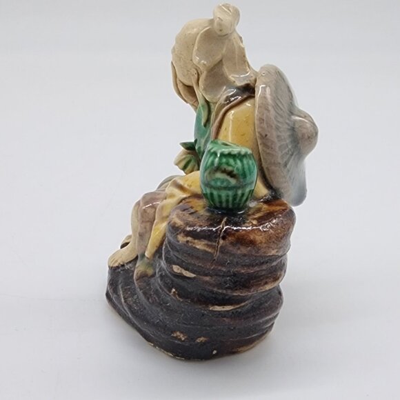 Chinese Mudman Clay Figure Seated Elderly Man With Green Vase Vintage - Picture 5 of 8
